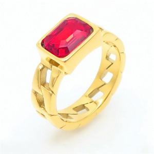 Vintage Rectangle Exaggerated Chain Design Fashion Wholesale Women Stainless Steel Ring - Red