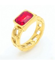 Vintage Rectangle Exaggerated Chain Design Fashion Wholesale Women Stainless Steel Ring - Red