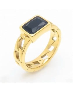 Vintage Rectangle Exaggerated Chain Design Fashion Wholesale Women Stainless Steel Ring - Black
