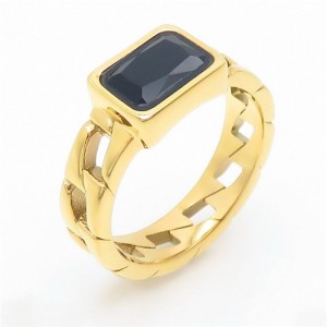 Vintage Rectangle Exaggerated Chain Design Fashion Wholesale Women Stainless Steel Ring - Black