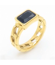 Vintage Rectangle Exaggerated Chain Design Fashion Wholesale Women Stainless Steel Ring - Black