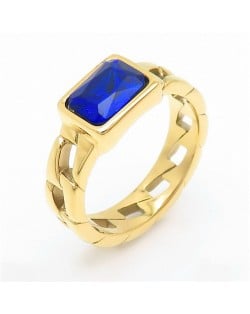 Vintage Rectangle Exaggerated Chain Design Fashion Wholesale Women Stainless Steel Ring - Royal Blue