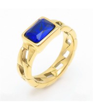 Vintage Rectangle Exaggerated Chain Design Fashion Wholesale Women Stainless Steel Ring - Royal Blue