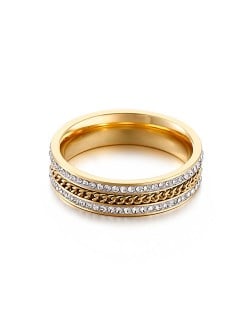 Business Style Double-row Rhinestone Chain Design Exaggerated Fashion Wholesale Women Stainless Steel Ring - Golden
