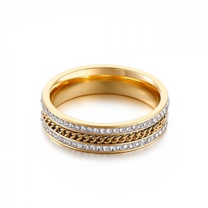 Business Style Double-row Rhinestone Chain Design Exaggerated Fashion Wholesale Women Stainless Steel Ring - Golden