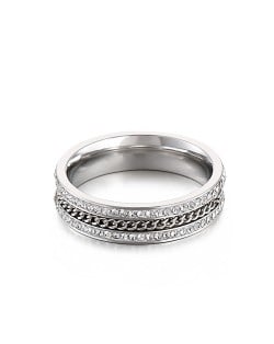 Business Style Double-row Rhinestone Chain Design Exaggerated Fashion Wholesale Women Stainless Steel Ring - Silver