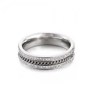 Business Style Double-row Rhinestone Chain Design Exaggerated Fashion Wholesale Women Stainless Steel Ring - Silver