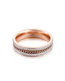 Business Style Double-row Rhinestone Chain Design Exaggerated Fashion Wholesale Women Stainless Steel Ring - Rose Gold