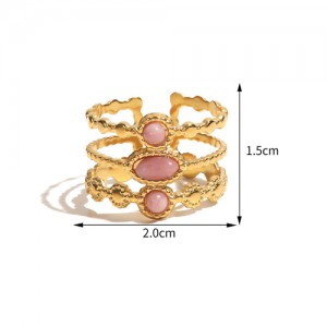 French Style Vintage Pink Stone Width Bold Fashion Wholesale Women Stainless Steel Ring