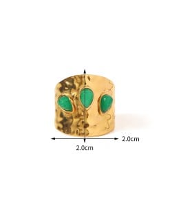 Vintage Green Drop Stone Width Exaggerated Fashion Wholesale Women Stainless Steel Ring