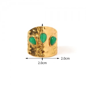 Vintage Green Drop Stone Width Exaggerated Fashion Wholesale Women Stainless Steel Ring