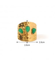 Vintage Green Drop Stone Width Exaggerated Fashion Wholesale Women Stainless Steel Ring