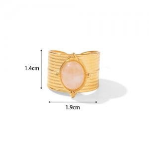 Vintage Pink Stone Face Width Exaggerated Fashion Wholesale Women Stainless Steel Ring