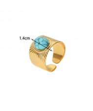 Vintage French Style Exaggerated Blue Turquoise Fashion Wholesale Women Stainless Steel Ring