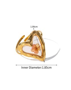High Quality French Style Pink Flower Clear Heart Shape Fashion Wholesale Women Stainless Steel Ring