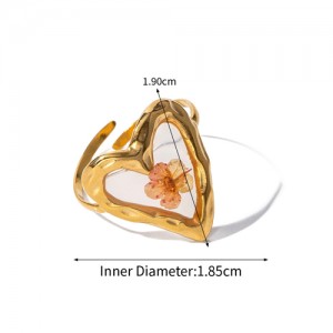 High Quality French Style Pink Flower Clear Heart Shape Fashion Wholesale Women Stainless Steel Ring