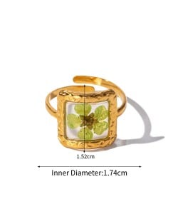 High Quality French Style Green Flower Clear Square Fashion Wholesale Women Stainless Steel Ring