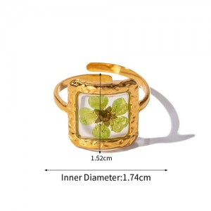 High Quality French Style Green Flower Clear Square Fashion Wholesale Women Stainless Steel Ring