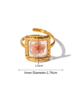 High Quality French Style Pink Flower Clear Square Fashion Wholesale Women Stainless Steel Ring