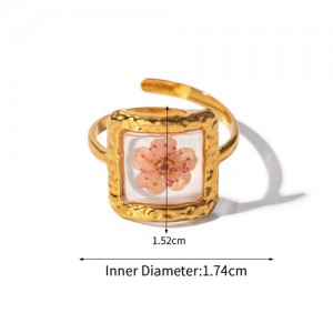 High Quality French Style Pink Flower Clear Square Fashion Wholesale Women Stainless Steel Ring