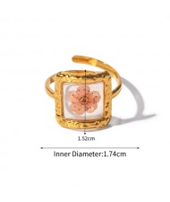 High Quality French Style Pink Flower Clear Square Fashion Wholesale Women Stainless Steel Ring