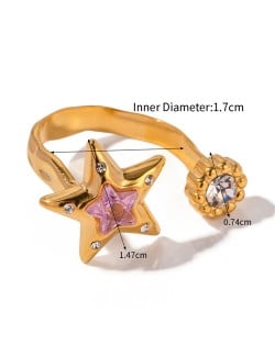 French Retro Style Titanium Steel Jewelry Rhinestone Pink Star Wholesale Women Stainless Steel Ring