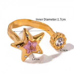 French Retro Style Titanium Steel Jewelry Rhinestone Pink Star Wholesale Women Stainless Steel Ring