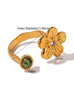 French Retro Style Titanium Steel Jewelry Golden Flower Rhinestone Wholesale Women Stainless Steel Ring