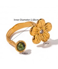 French Retro Style Titanium Steel Jewelry Golden Flower Rhinestone Wholesale Women Stainless Steel Ring