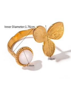 French Retro Style Titanium Steel Jewelry Golden Leave and Opal Wholesale Women Stainless Steel Ring