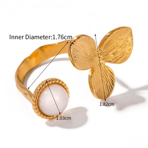 French Retro Style Titanium Steel Jewelry Golden Leave and Opal Wholesale Women Stainless Steel Ring