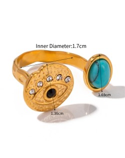 French Retro Style Titanium Steel Jewelry Blue Turquoise and Eye Design Wholesale Women Stainless Steel Ring