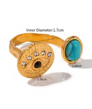 French Retro Style Titanium Steel Jewelry Blue Turquoise and Eye Design Wholesale Women Stainless Steel Ring