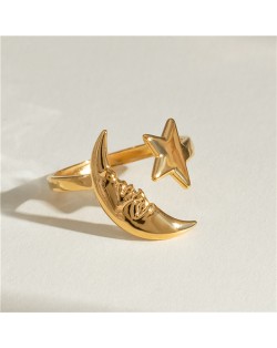 U.S. Fashion Titanium Steel Jewelry Wholesale Moon and Star Open-end Design Women Stainless Steel Ring