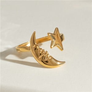 U.S. Fashion Titanium Steel Jewelry Wholesale Moon and Star Open-end Design Women Stainless Steel Ring