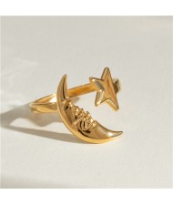 U.S. Fashion Titanium Steel Jewelry Wholesale Moon and Star Open-end Design Women Stainless Steel Ring
