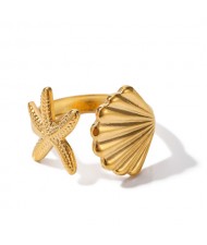 Popular Titanium Steel Jewelry Shell and Starfish Open-end Design Wholesale Women Stainless Steel Ring