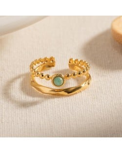 French Retro Style Titanium Steel Jewelry Aamazonite Inlaid Double-Layer Wholesale Women Stainless Steel Ring