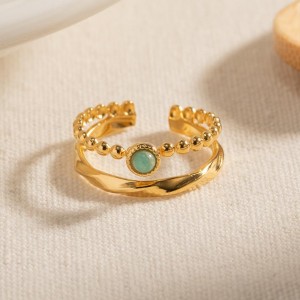 French Retro Style Titanium Steel Jewelry Aamazonite Inlaid Double-Layer Wholesale Women Stainless Steel Ring