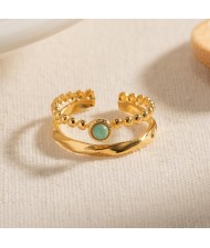 French Retro Style Titanium Steel Jewelry Aamazonite Inlaid Double-Layer Wholesale Women Stainless Steel Ring