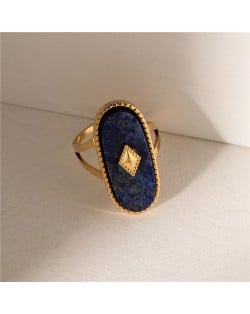 French Retro Royal Style Oval Lapis Lazuli Titanium Steel Jewelry Fashion Women Stainless Steel Ring