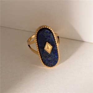 French Retro Royal Style Oval Lapis Lazuli Titanium Steel Jewelry Fashion Women Stainless Steel Ring