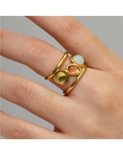 Retro French Style Three Colors Natural Stone Width Design Women Stainless Steel Ring