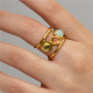 Retro French Style Three Colors Natural Stone Width Design Women Stainless Steel Ring