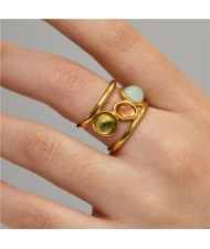 Retro French Style Three Colors Natural Stone Width Design Women Stainless Steel Ring