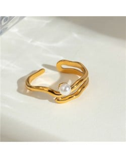 French Retro Pearl Irregular Curve Design Fashion Titanium Steel Jewelry Women Stainless Steel Ring
