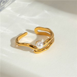 French Retro Pearl Irregular Curve Design Fashion Titanium Steel Jewelry Women Stainless Steel Ring