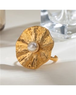 French Style Pearl Embellished Lotus Leaf Design  Wholesale Titanium Steel Jewelry Women Stainless Steel Ring