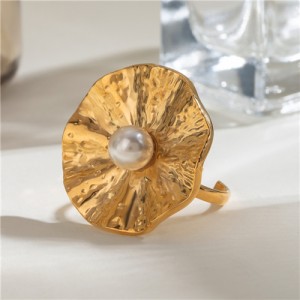French Style Pearl Embellished Lotus Leaf Design  Wholesale Titanium Steel Jewelry Women Stainless Steel Ring