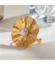 French Style Pearl Embellished Lotus Leaf Design  Wholesale Titanium Steel Jewelry Women Stainless Steel Ring